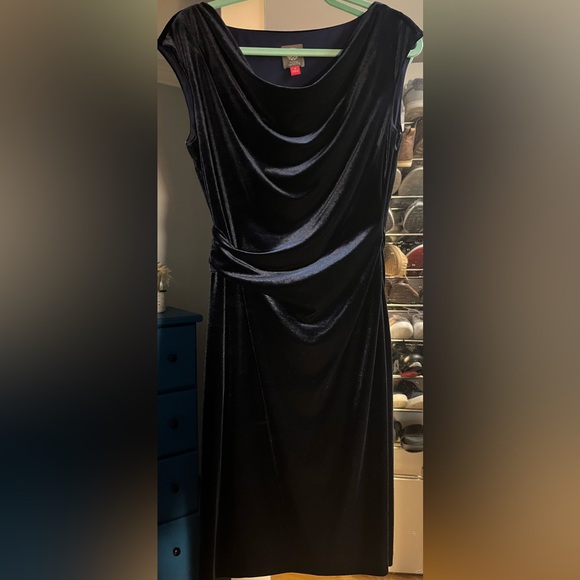 Vince Camuto navy velvet draped cowl neck ruched bodycon - Picture 1 of 1